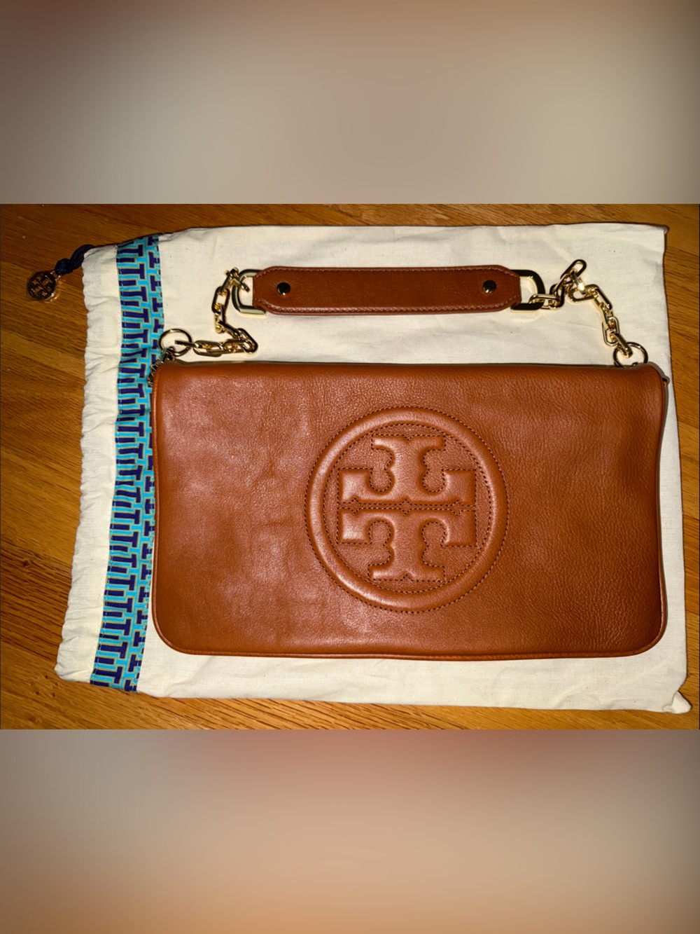 NWOT Tory Burch Reva Convertible Leather Shoulder Bag / Clutch - Cognac